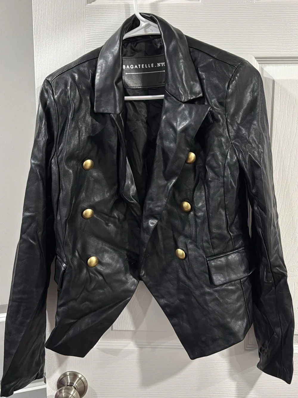 bagatelle Black Double-Breasted Leather Jacket with Gold Buttons